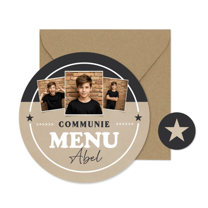 Stoere ronde menukaart communie jongen kraftlook