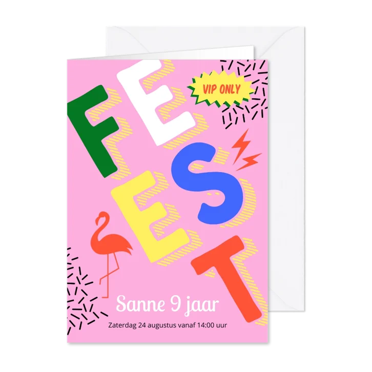 Stoere roze retro uitnodiging kinderfeestje meisje