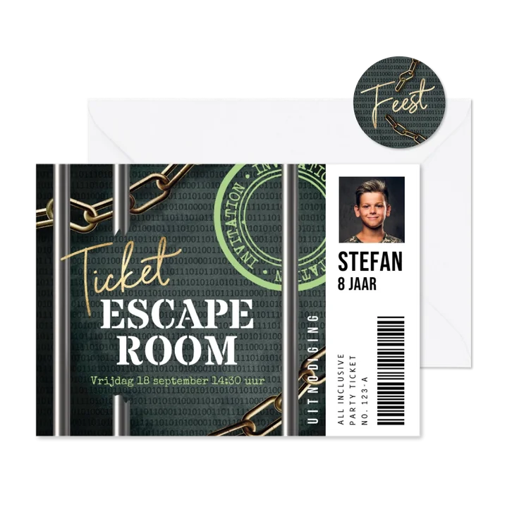 Stoere ticket uitnodiging escape room kinderfeestje jongen