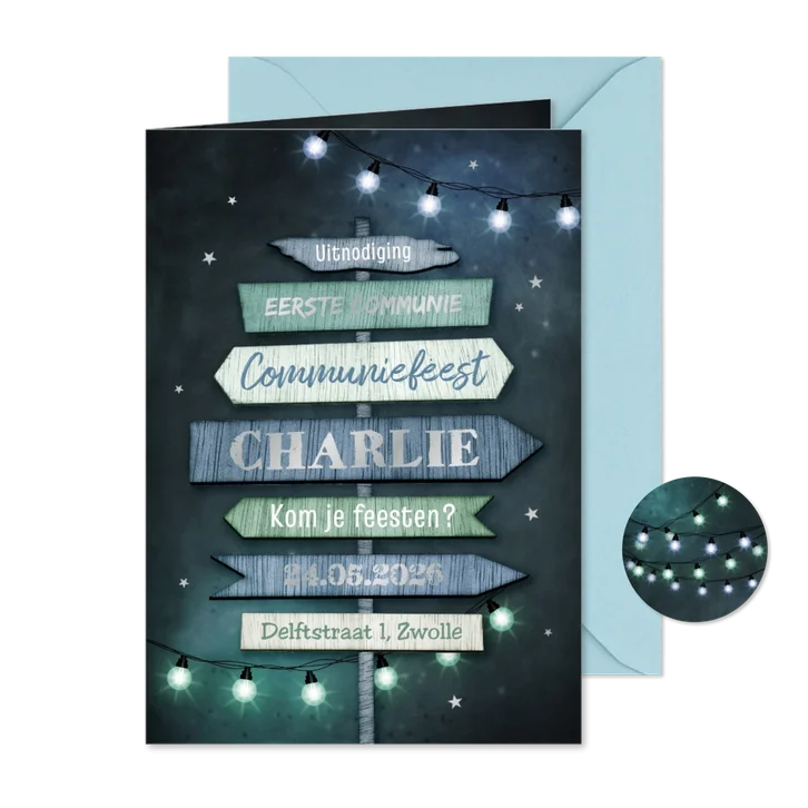 Stoere uitnodiging communie lentefeest wegwijzers lampjes