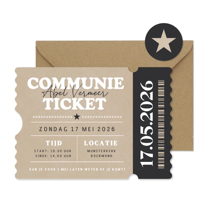 Stoere uitnodiging communie ticket vorm met kraft