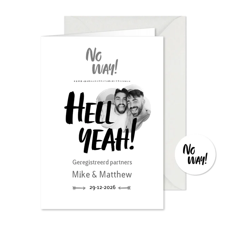 Stoere uitnodiging geregistreerd partners 'Hell Yeah'