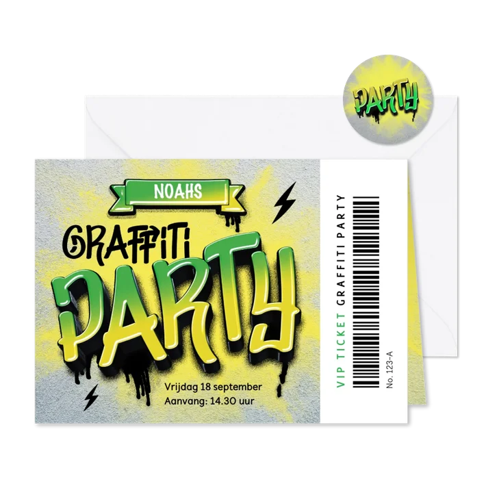 Stoere uitnodiging kinderfeestje graffiti ticket