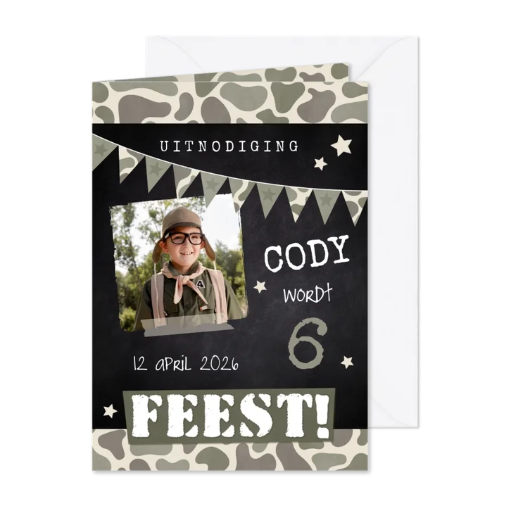 Stoere uitnodiging kinderfeestje survival en leger thema