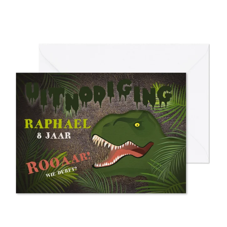 Stoere uitnodiging kinderfeestje t-rex jungle