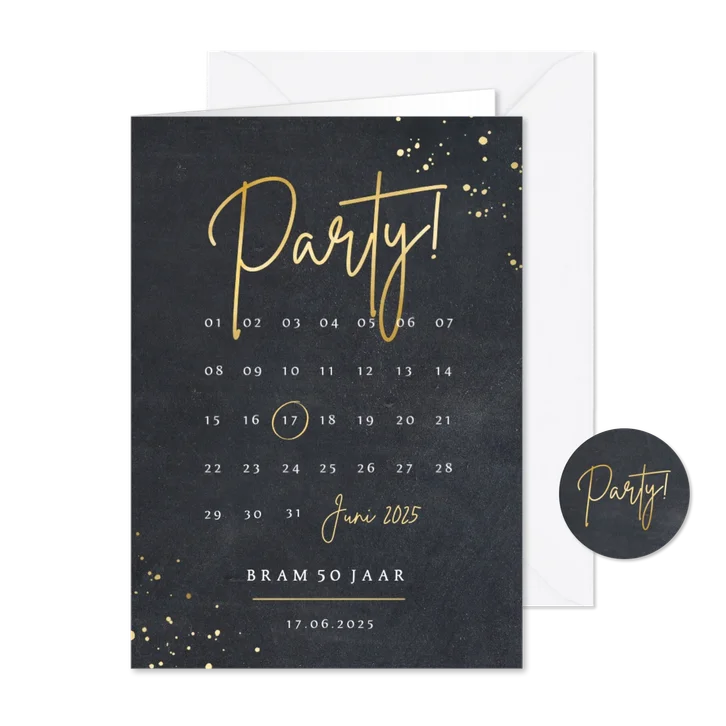 Stoere uitnodiging voor een feestje met kalender en party