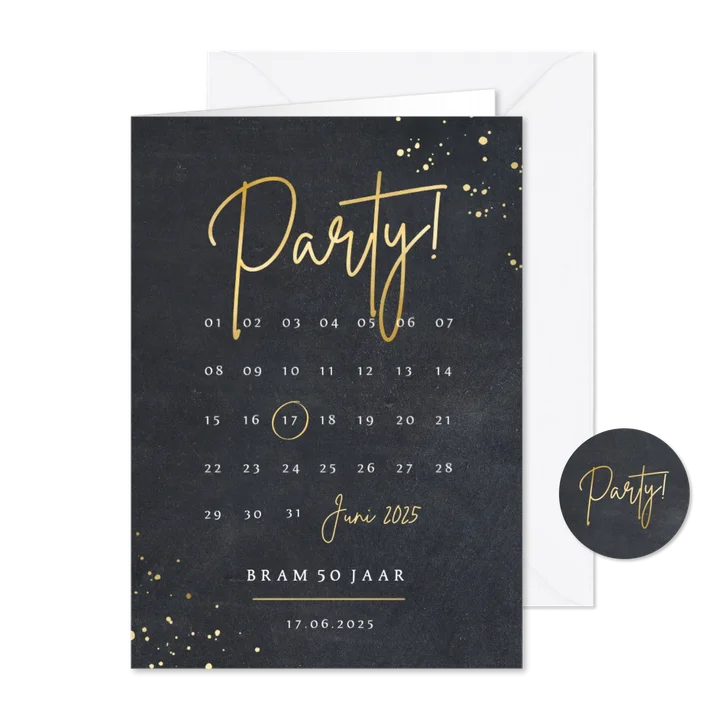 Stoere uitnodiging voor een feestje met kalender en party