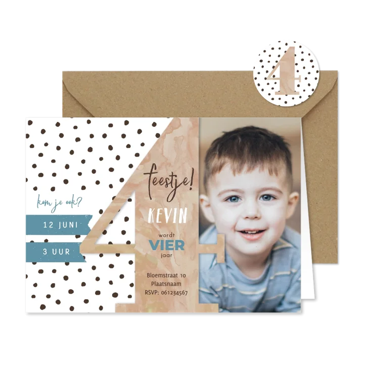 Stoere uitnodiging voor vierde verjaardag waterverf.