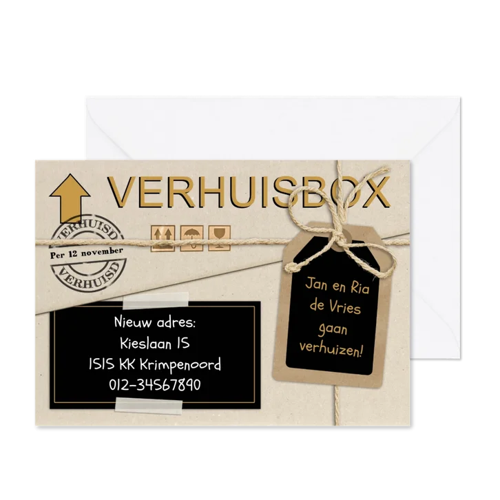Stoere verhuiskaart met label en touwtje op verhuisdoos