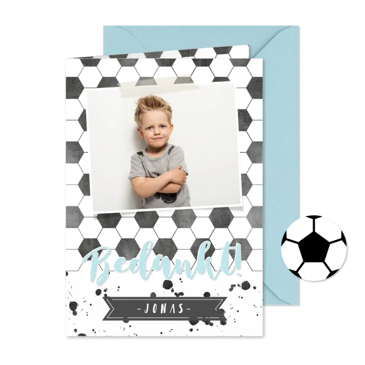 Stoere voetbal communie bedankkaart met eigen foto