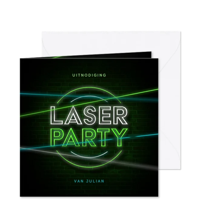 Stoereuitnodiging lasergamen schieten laserparty neon