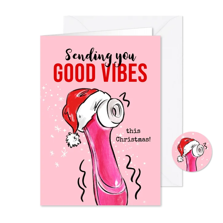Stoute kerstkaart 'Good vibes satisfyer' kerstmuts sterren