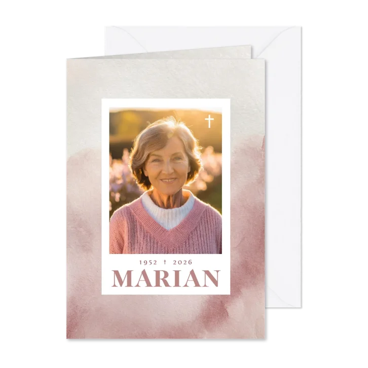 Subtiele roze waterverf rouwkaart met kruisje