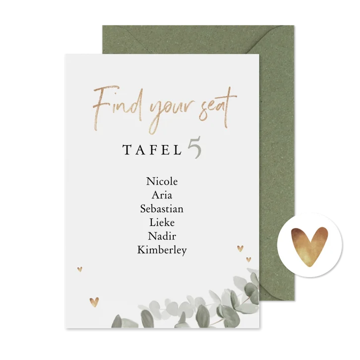 Tafelschikkingskaartje find your seat eucalyptus goud hartje