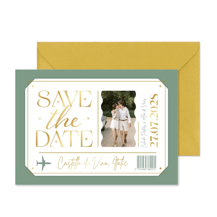 Ticket save the date kaart vliegtuig buitenland goud