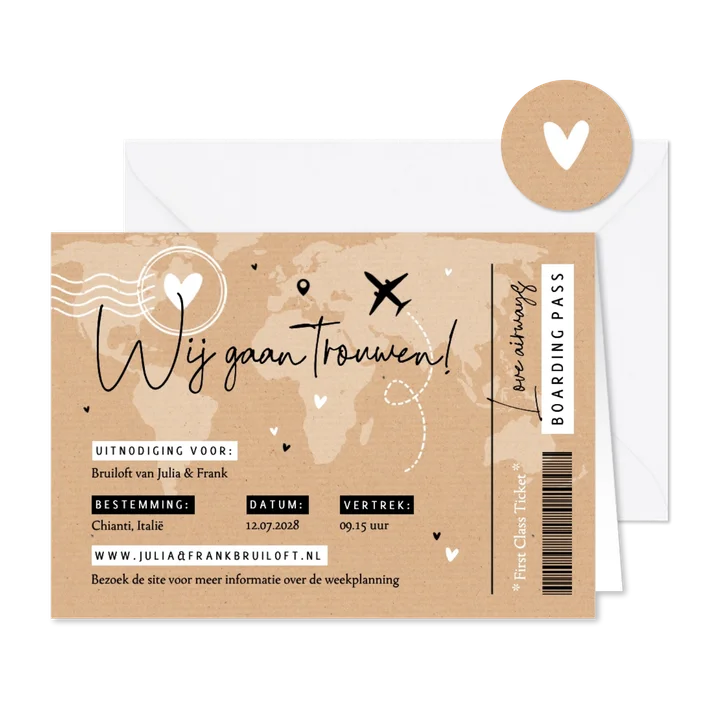 Ticket trouwkaart buitenland landkaart kraftlook