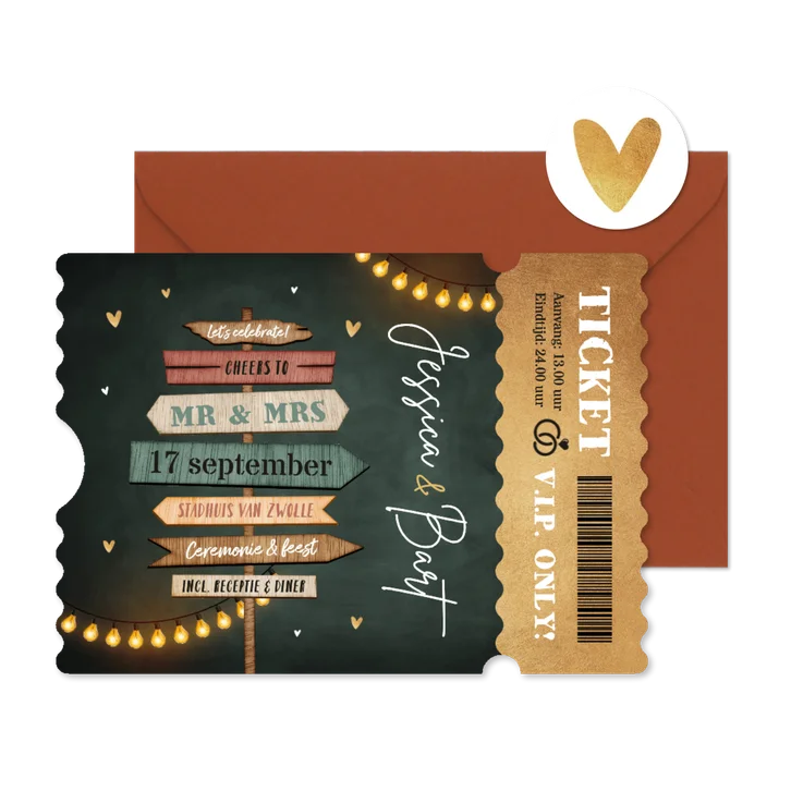 Ticket trouwkaart wegwijzers hartjes krijtbord goud