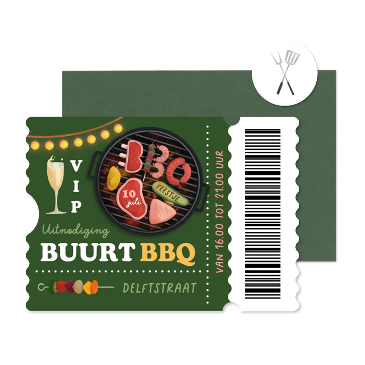 Ticket uitnodiging BBQ buurtfeest borrel buren tuinfeest