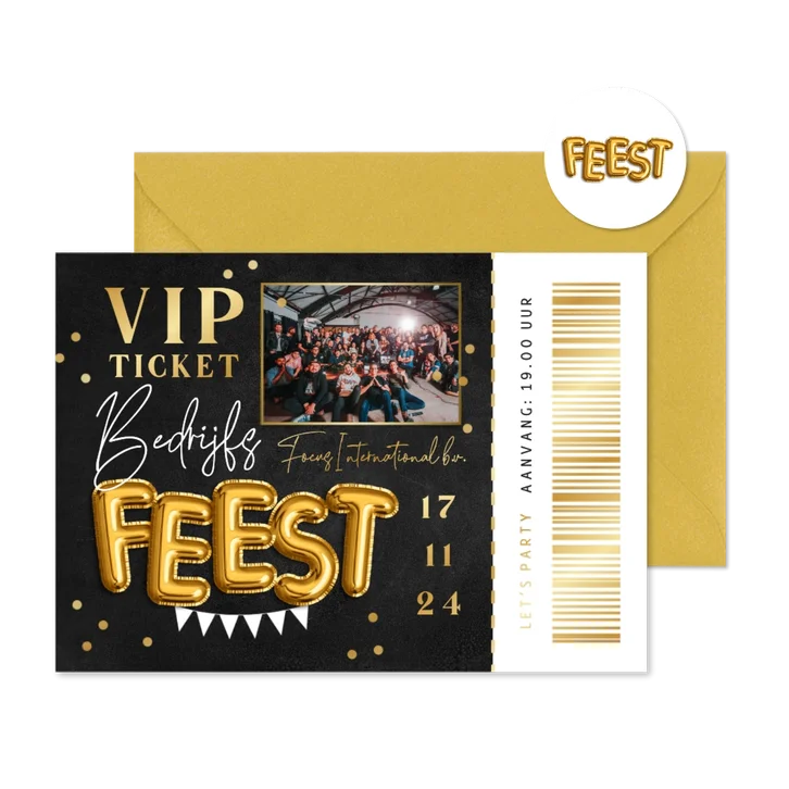 Ticket uitnodiging bedrijfsfeest goud ballonnen confetti