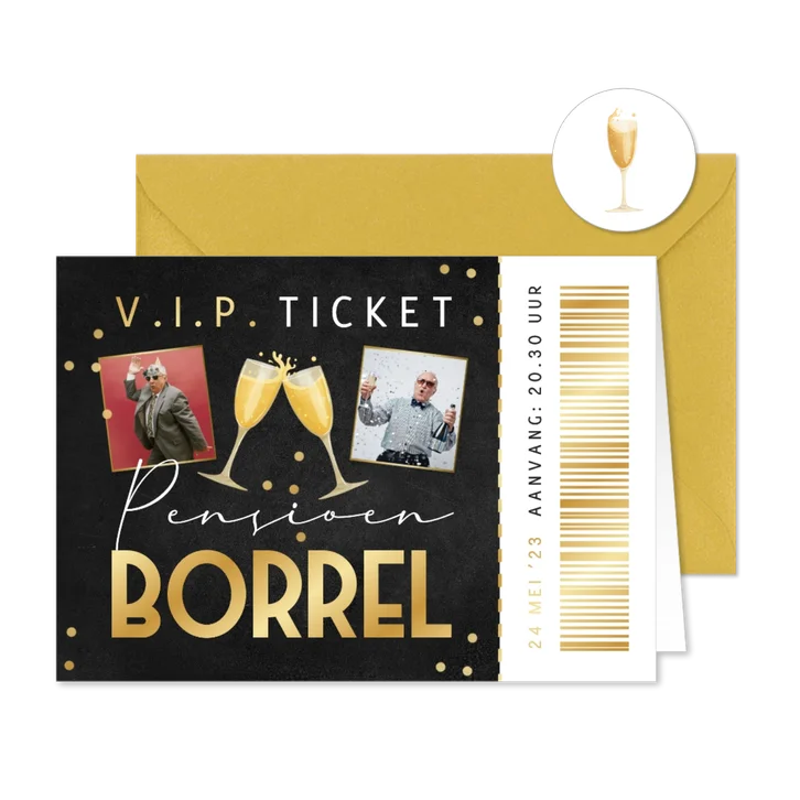 Ticket uitnodiging borrel pensioen champagne foto