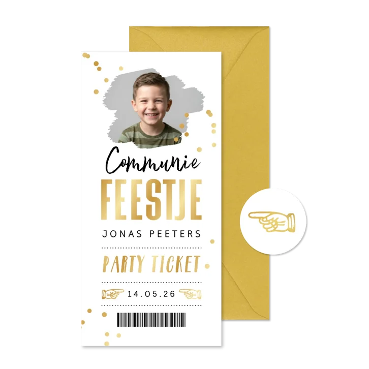 Ticket uitnodiging communie foto goud confetti