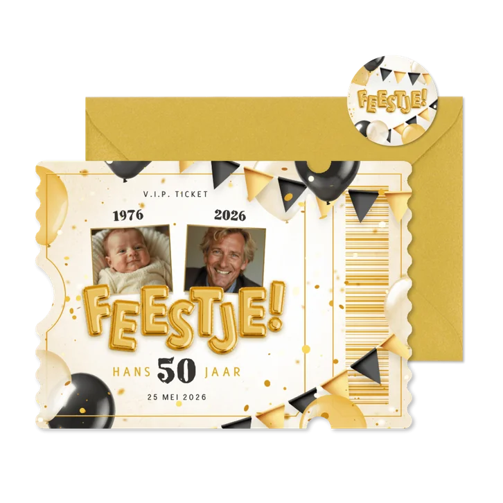 Ticket uitnodiging feestje met ballonnen en confetti