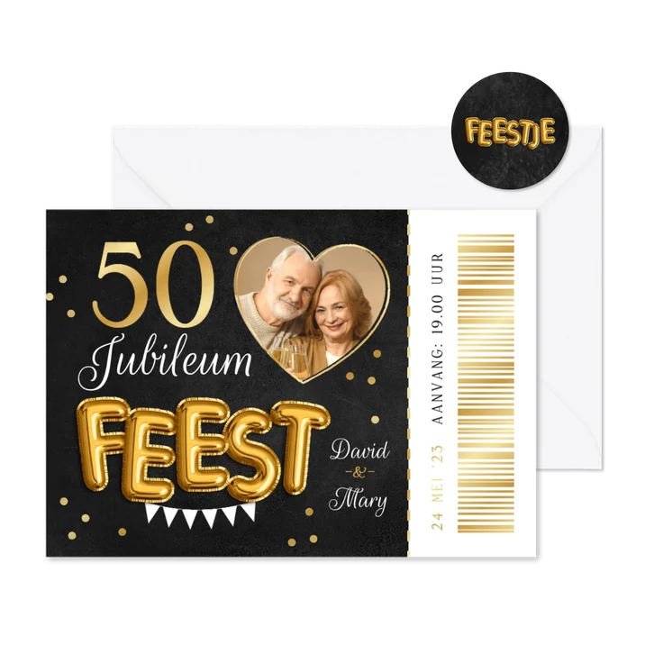 Ticket uitnodiging jubileumfeest 50 jaar getrouwd hartje