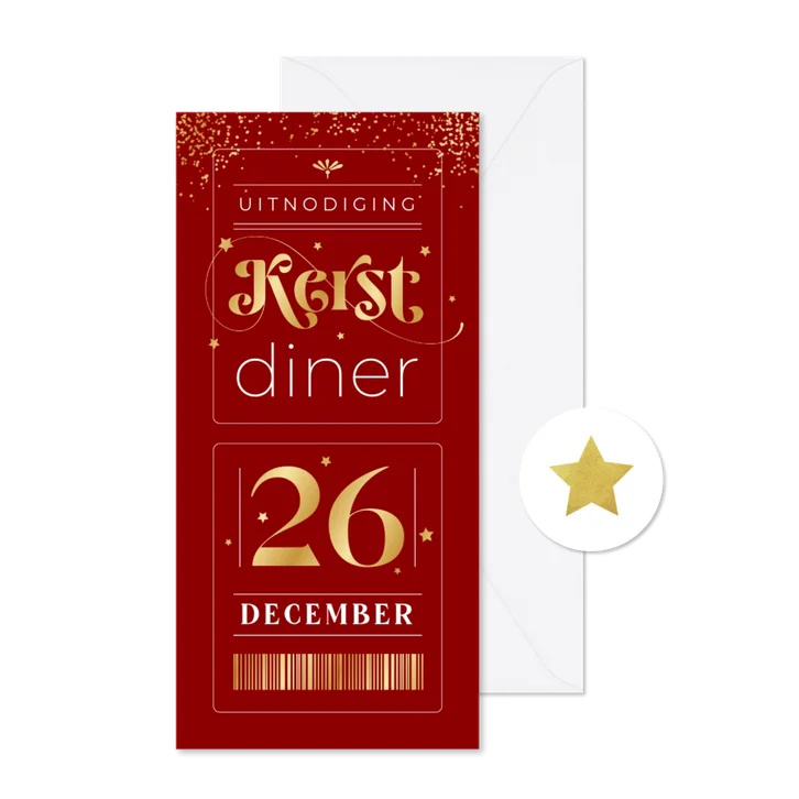 Ticket uitnodiging kerstdiner goud rood sterretjes stijlvol