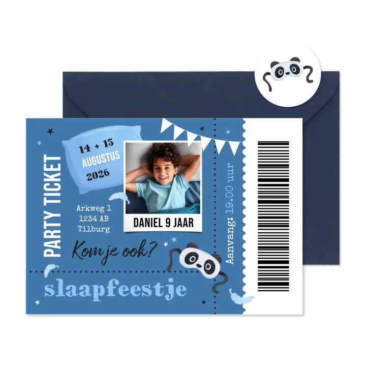 Ticket uitnodiging kinderfeestje slaapfeestje hip