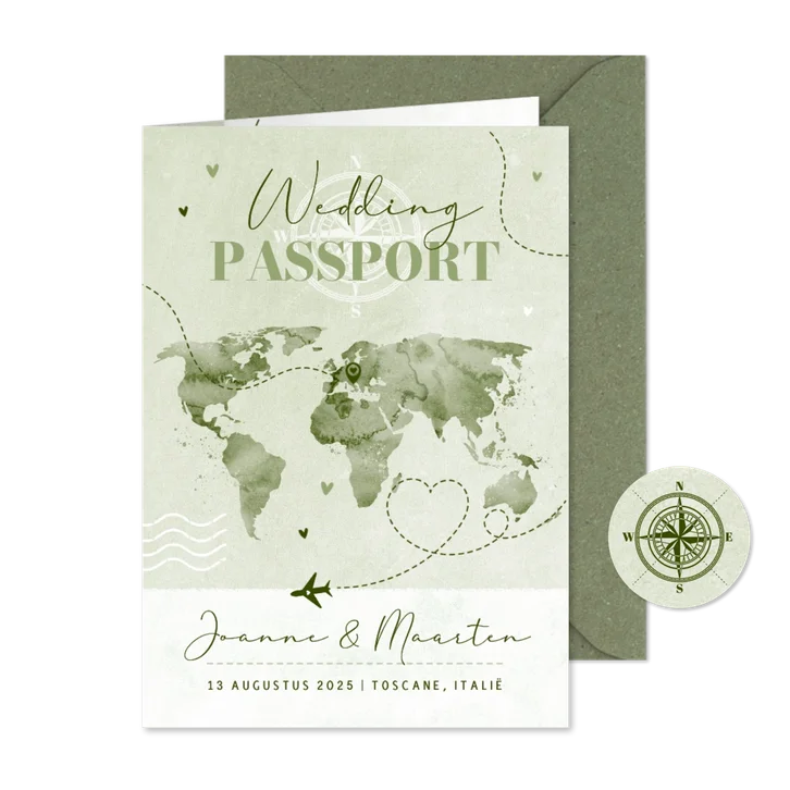 Ticket wedding paspoort wereldkaart liefde groen verf