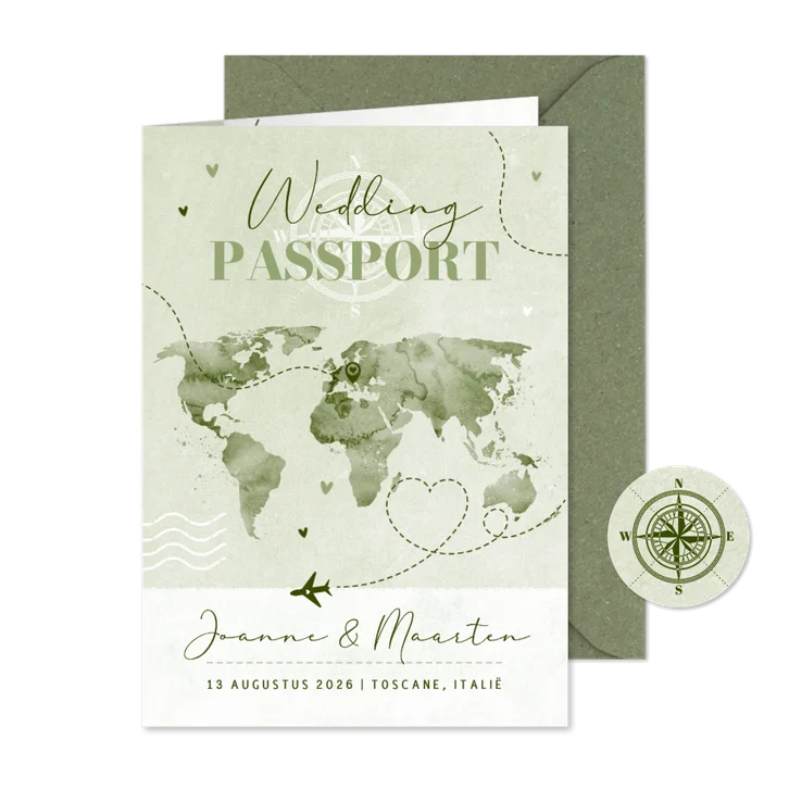 Ticket wedding paspoort wereldkaart liefde groen verf