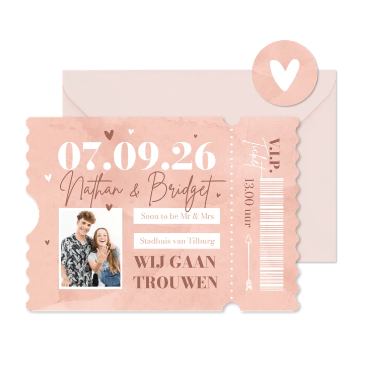 Ticketkaart bruiloft trouwkaart waterverf roze hip