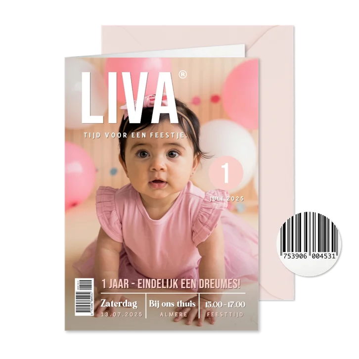 Tijdschrift verjaardags uitnodiging kind 1 jaar met foto