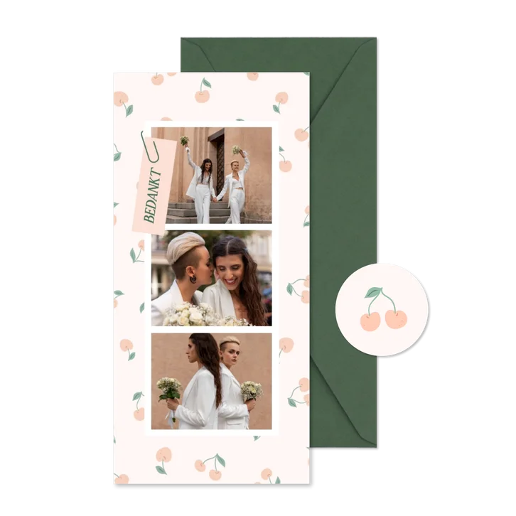 Trendy bedankkaart fotostrip en kersjes patroon in roze