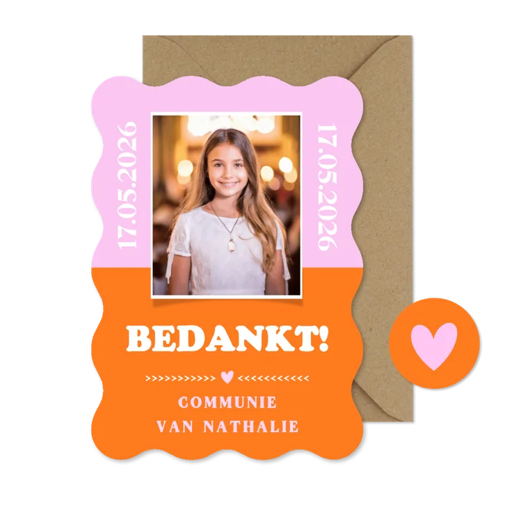 Trendy bedankkaartje communie meisje met golvende rand