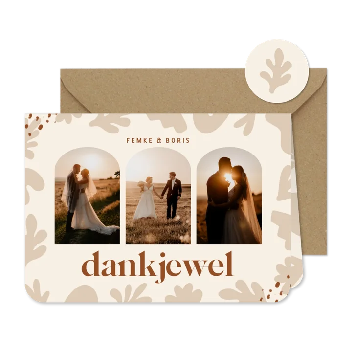 Trendy bedankkaartje met abstracte vormen beige met foto's