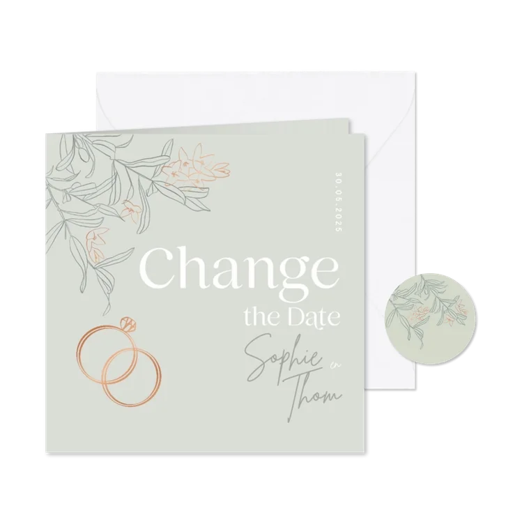 Trendy Change the Date trouwkaart groen olijftakjes ringen