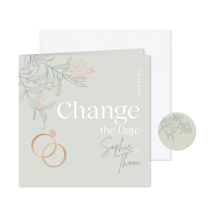 Trendy Change the Date trouwkaart groen olijftakjes ringen