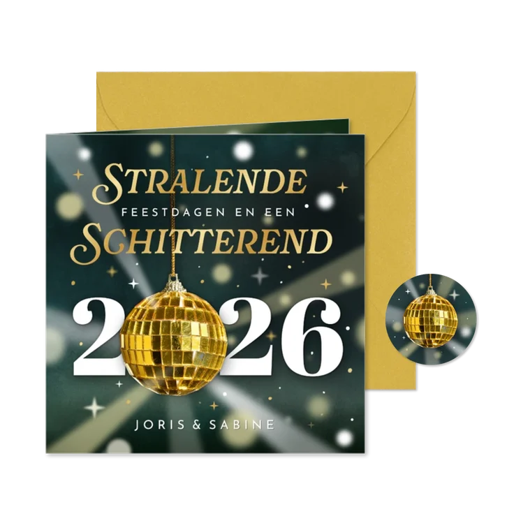 Trendy foliedruk kerstkaart met een discobal- stralend 2026