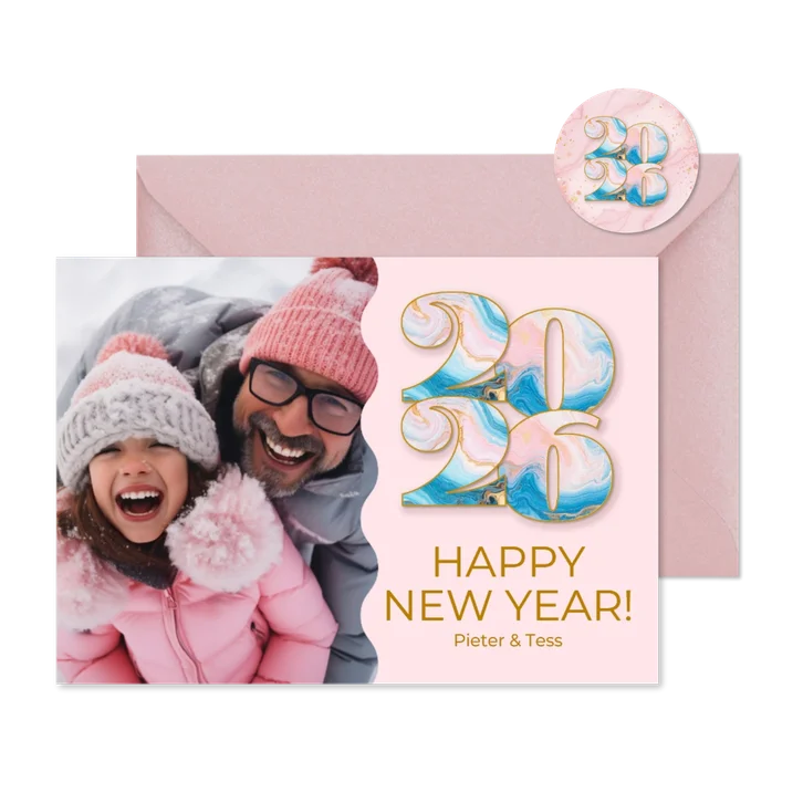 Trendy fotokaartjen nieuwjaar roze marmer jaartal