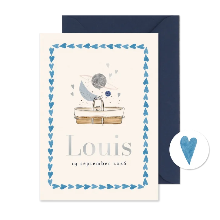 Trendy geboortekaartje astrologie zilver hartjes wieg