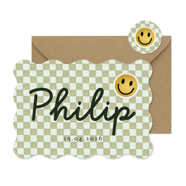 Trendy geboortekaartje blokpatroon groen smiley patch