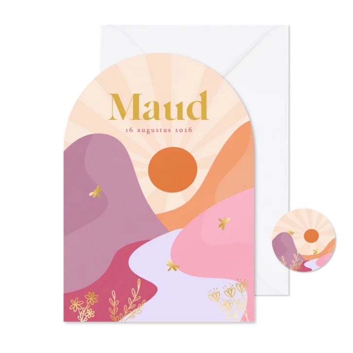 Trendy geboortekaartje boog vorm met landschap libelle