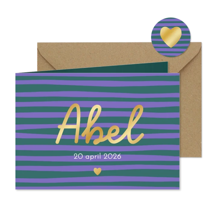 Trendy geboortekaartje kleurrijke streep hartje goud