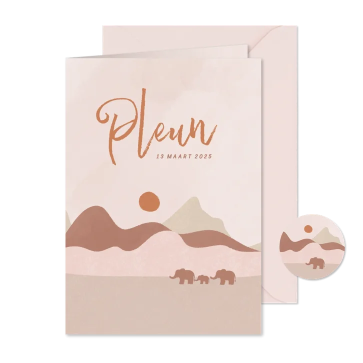 Trendy geboortekaartje met landschap met olifantjes roze