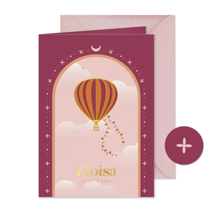 Trendy geboortekaartje met luchtballon en boog meisje