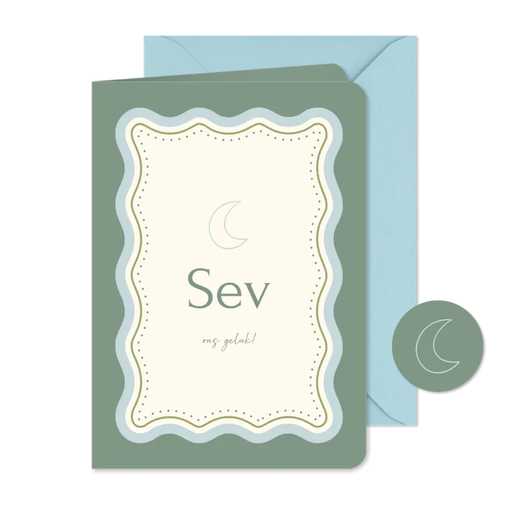 Trendy geboortekaartje met maan en golvend kader
