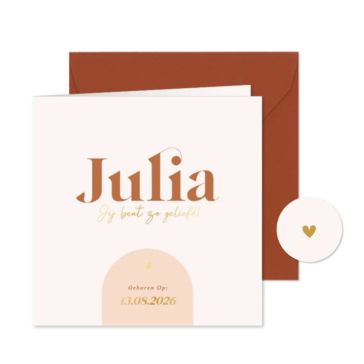 Trendy geboortekaartje met oranje boogje en goudfolie