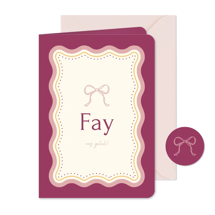Trendy geboortekaartje met strik en golvend kader