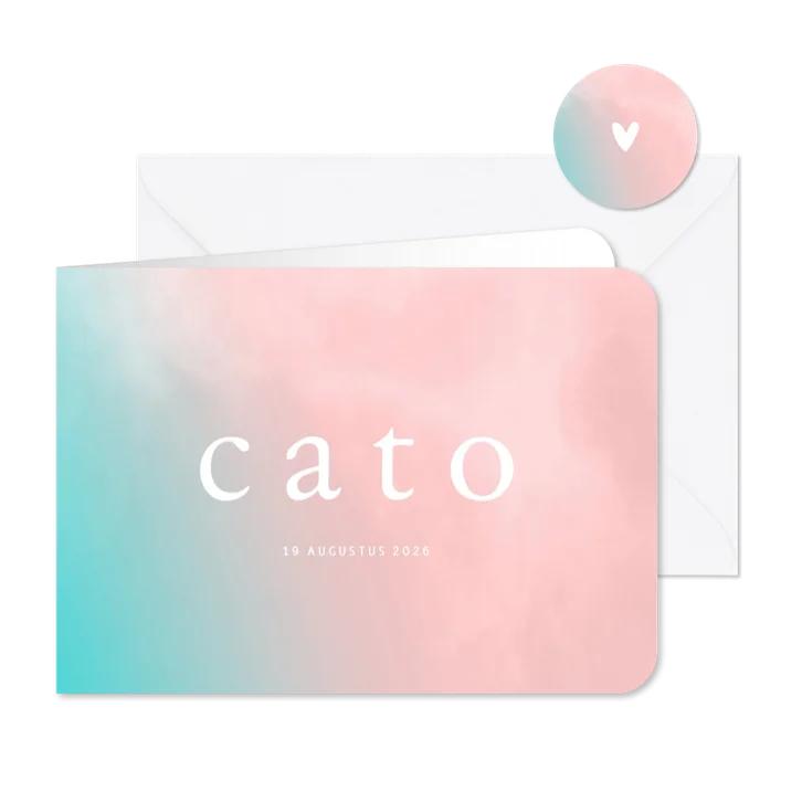 Trendy geboortekaartje met turquoise roze overgang 